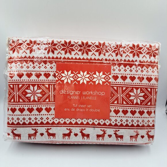 Winter Holiday Red & White Flannel Full Sheet Set - Picture 1 of 7